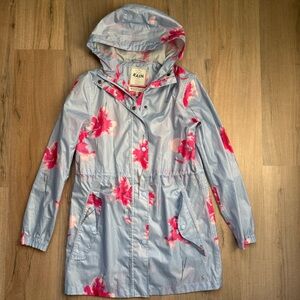 Joules Pink and Blue Floral Lightweight Pockets Hooded Raincoat Jacket